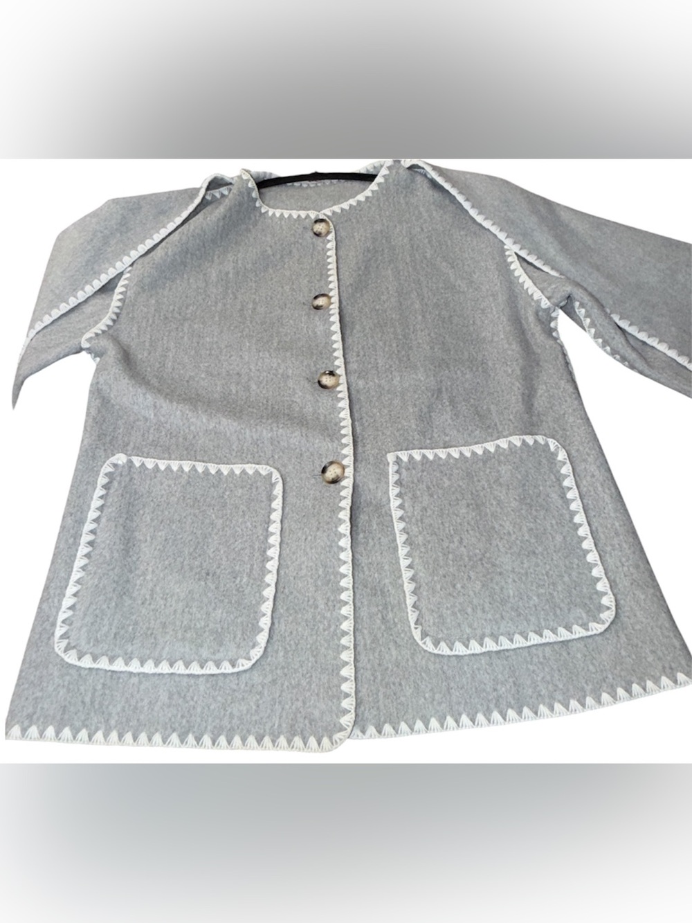Size M Gray Wool Blend Fringe Cape Jacket Toteme-Inspired Whipstitch Trim